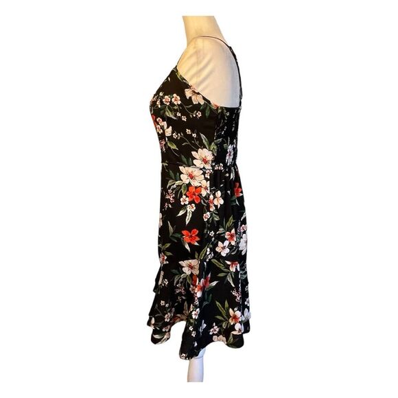 Xhilaration Floral Print Mini Dress Black Red White Square Neck Strappy Ruffle M - Picture 4 of 8